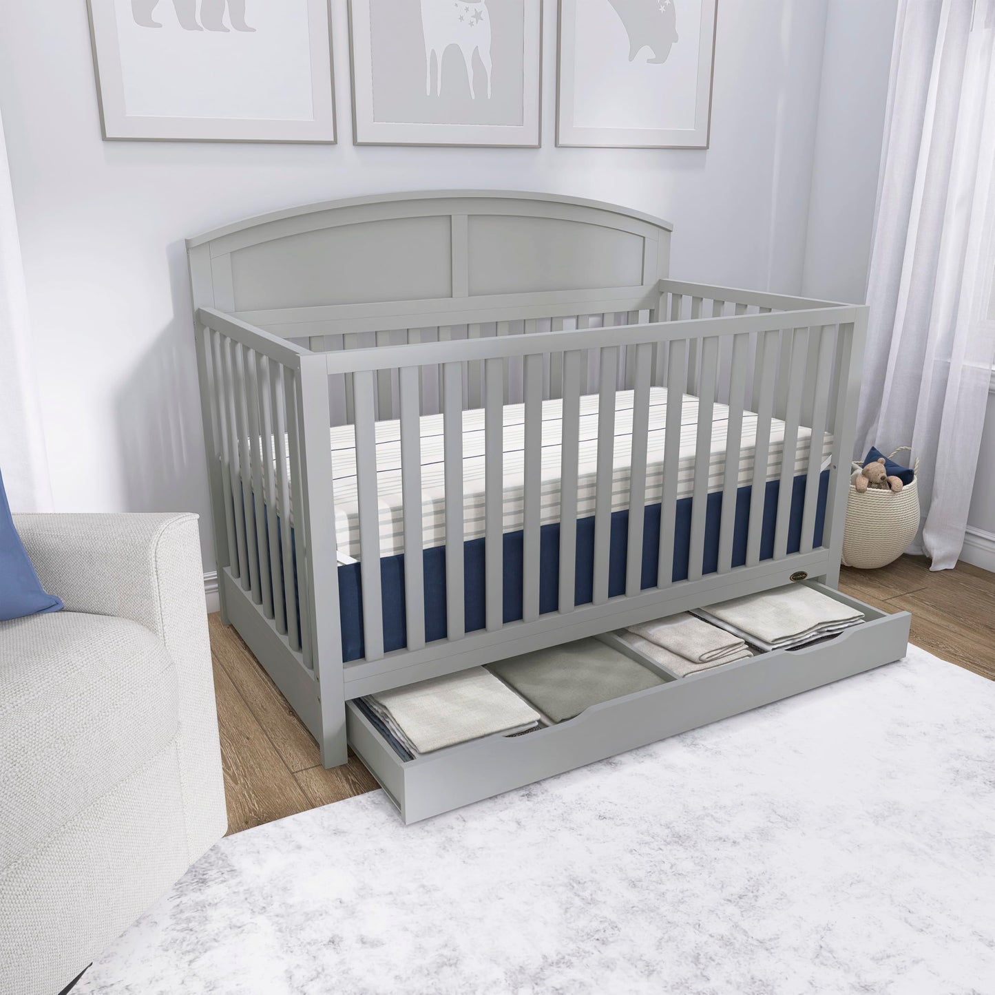 Dream On Me Storybrooke 5-in-1 Convertible Full-Size Crib with Under Drawer, White, GreenGuard Gold & JPMA, Convert to Toddler, Day & Full-Size Bed, 3 Mattress Heights, Sustainable Pinewood