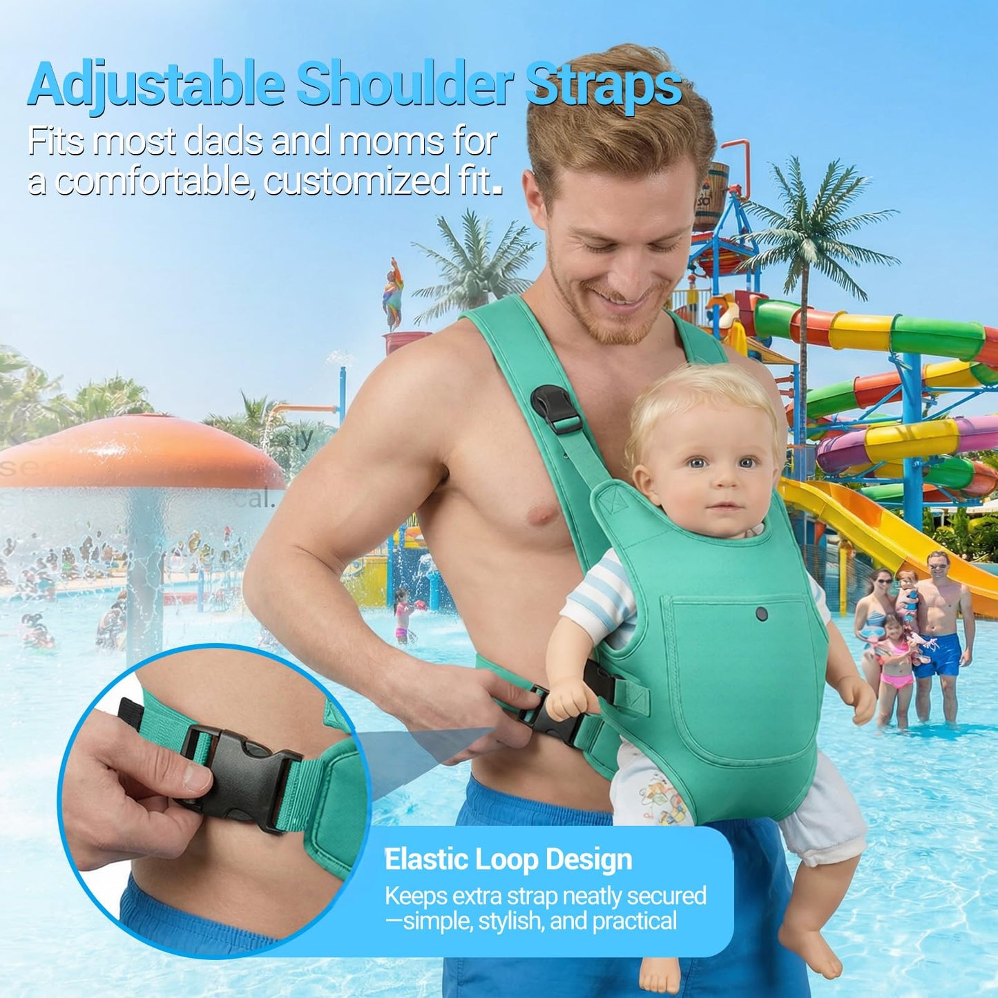 Neoprene Water Baby Carrier Newborn to Toddler, Ergonomic Waterproof Infant Chest Holder with Adjustable Straps, Breathable & Lightweight Baby Wearing Gear for Summer Pool Swimming & Beach