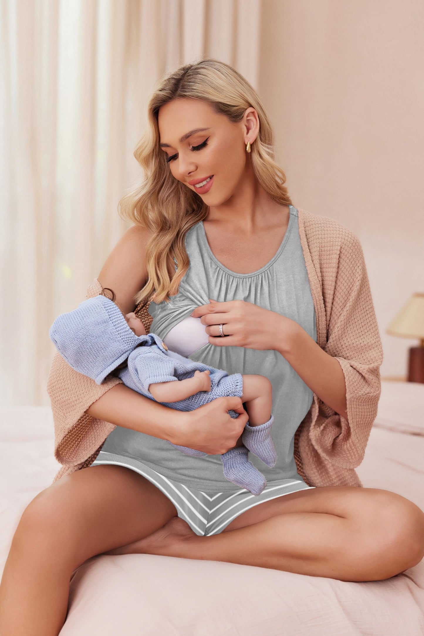 Ekouaer Women Maternity Nursing Pajama Set Breastfeeding Double Layer Pregnancy Pjs Set Sleeveless Top & Shorts with Pockets