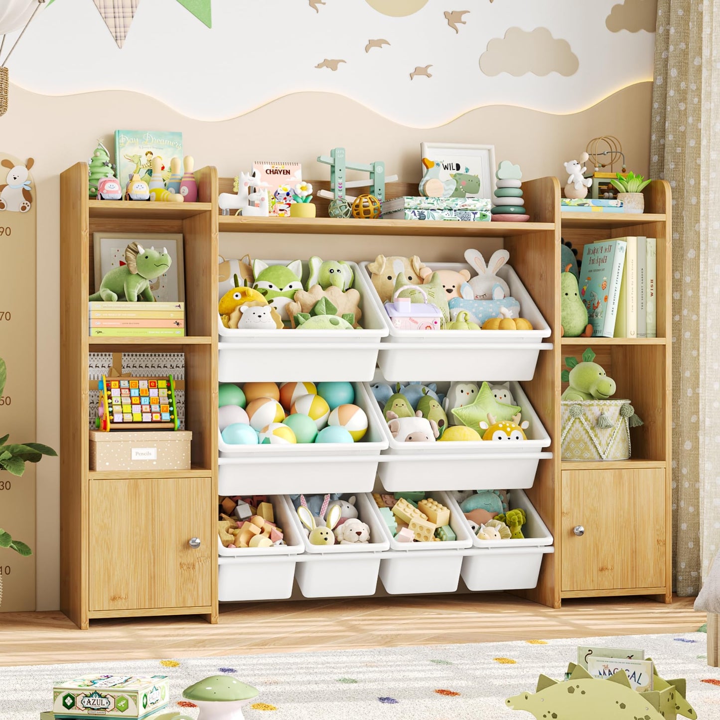 FOTOSOK Toy Storage Organizer with 8 Toy Bins, 55''Large Toy Organizers and Storage with Top Shelf, Toy Storage and Kids Bookshelf with 6 Storage Cubbies, Playroom Storage and Organization Bins, White