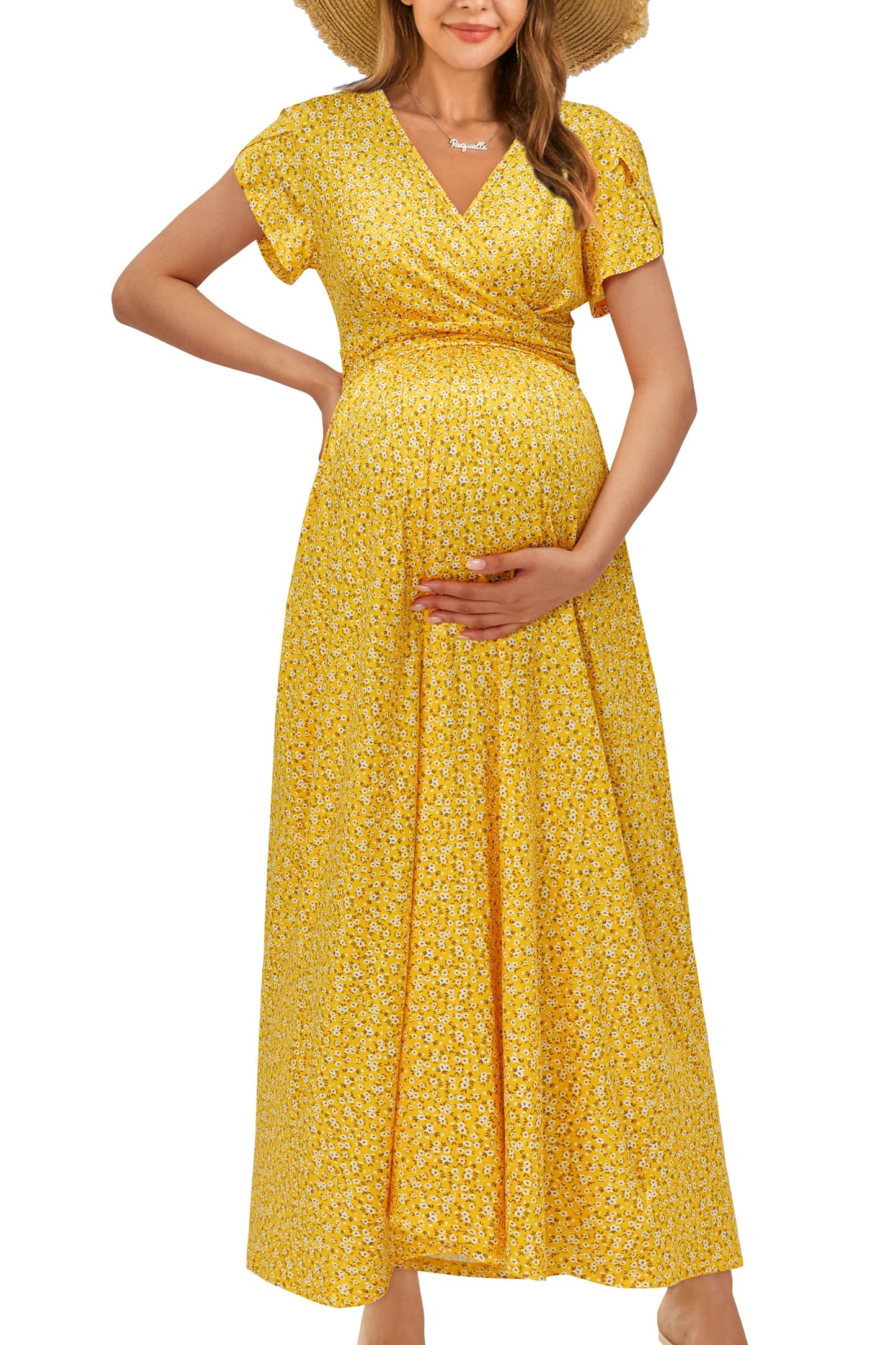 OUGES Maternity Maxi Dress Wrap Baby Shower Pregnancy Dresses for Photoshoot Maternity Outfits Summer Clothes 2026