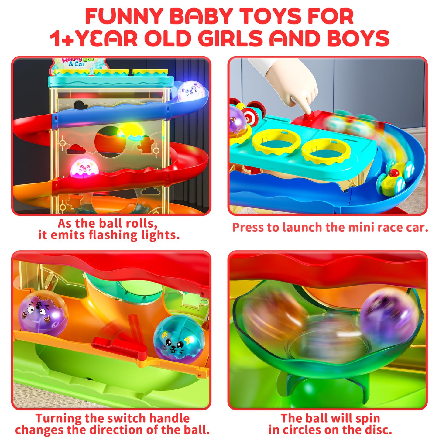 2-in-1 Rolling Ball & Car Ramp Race Track for Toddlers, Hammer Ball Drop Toy for Boys & Girls, Interactive Playset w/Sensor Lights - Montessori STEM Learning Toys for Kids 1-5+ Year Old