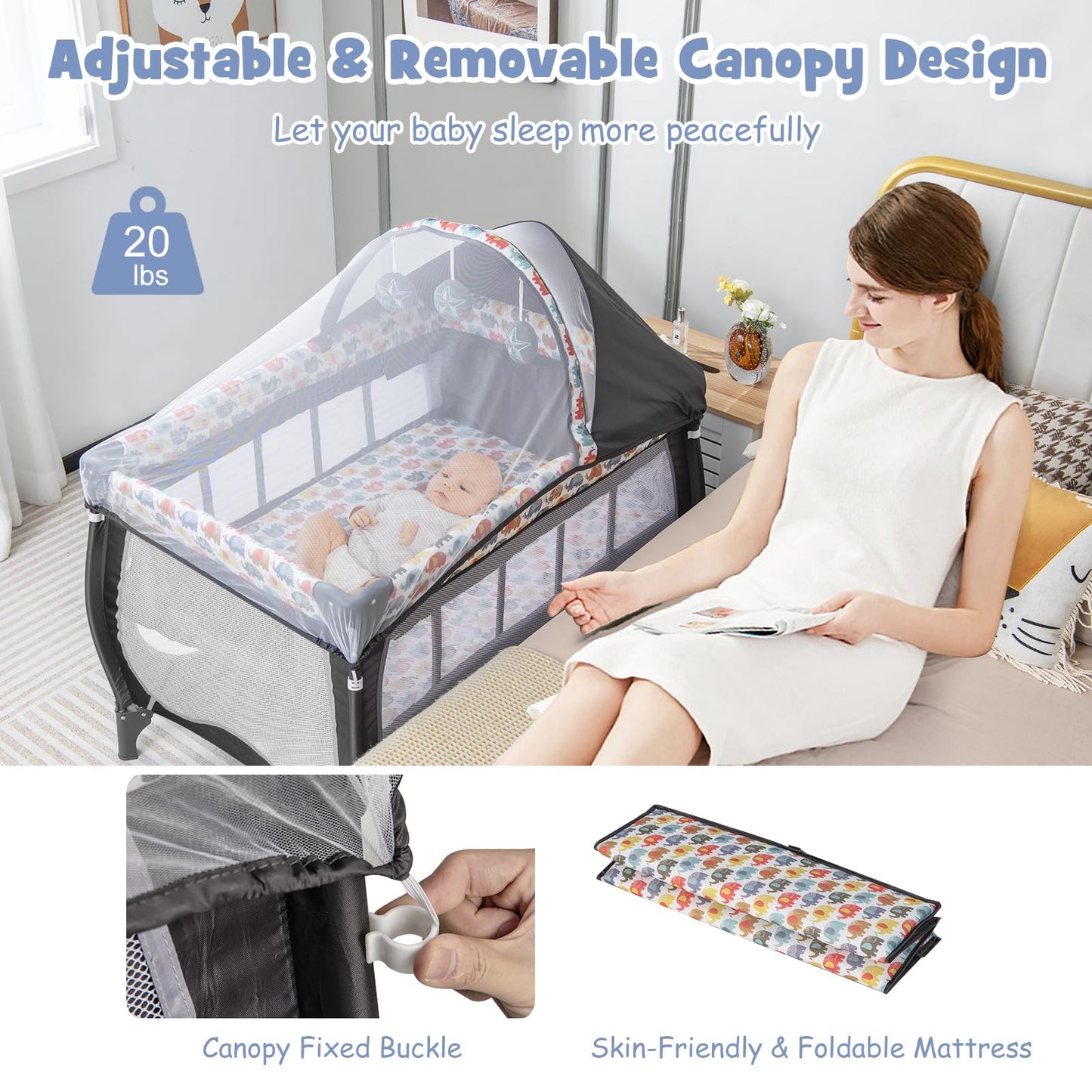 BABY JOY 4 in 1 Pack and Play with Canopy, Portable Baby Playard with Bassinet, Double-Layer Baby Crib, Wheels & Brake, Foldable Baby Girl Pink Princess Bassinet from Newborn to Toddler