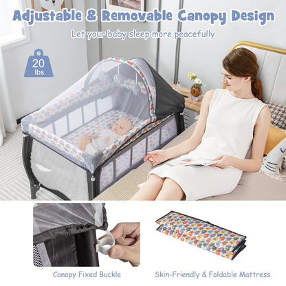 BABY JOY 4 in 1 Pack and Play with Canopy, Portable Baby Playard with Bassinet, Double-Layer Baby Crib, Wheels & Brake, Foldable Baby Girl Pink Princess Bassinet from Newborn to Toddler