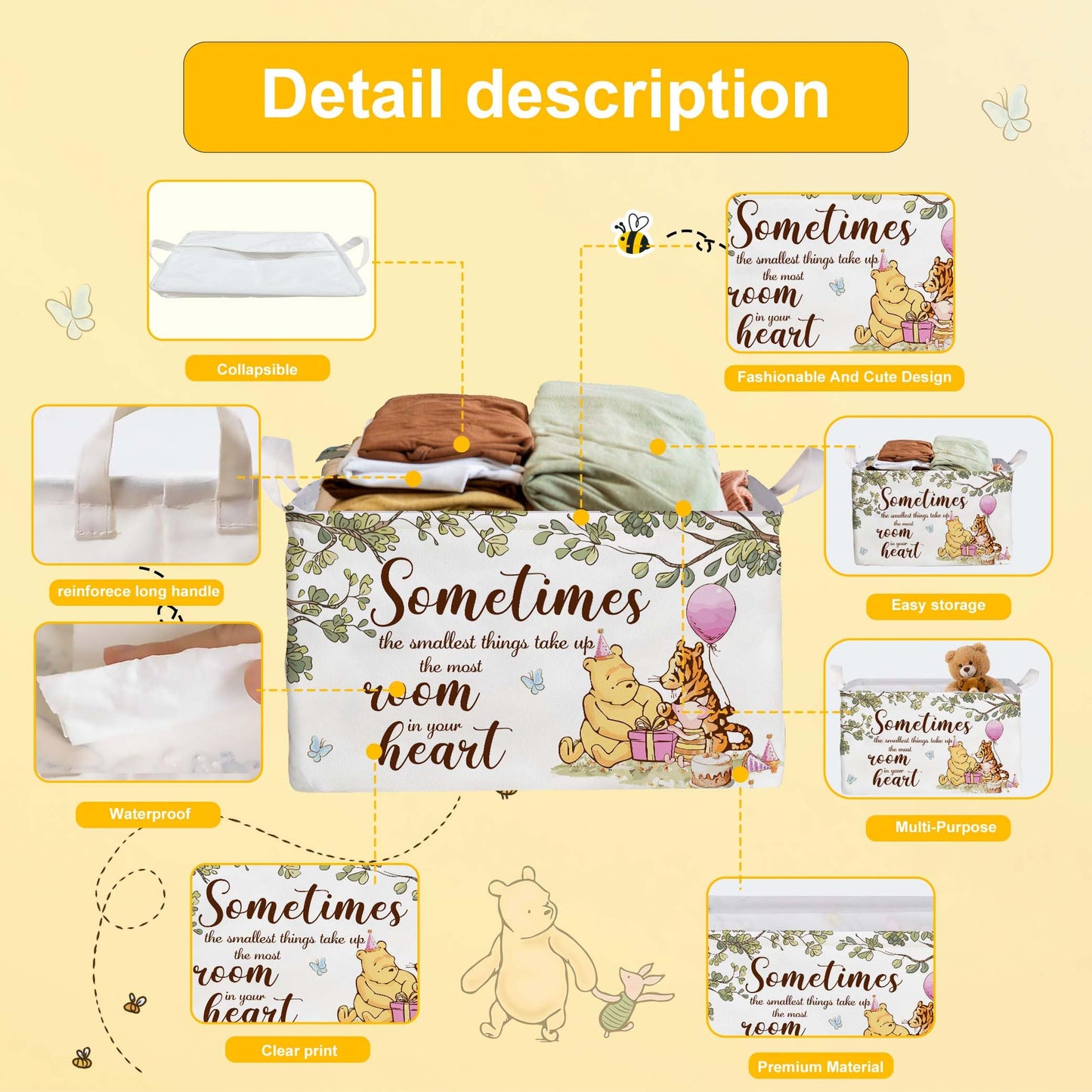 Winnie Nursery Decor, the Pooh Baby Stuff, Winnie Storage Nursery Basket, Large squarecanvas Laundry Hamper With A Waterproof PECoating, Foldable, Toys Bin, Baby Nursery HamperDecor, Star