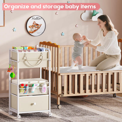 Cidaziya 2In1 Baby Diaper Caddy Organizers and Storage, 3 Tier Rolling Cart with Dividers and Drawers, Mobile Utility Cart Baby Dresser Clothes Organizer for Changing Table, Crib Nursery, Bedroom