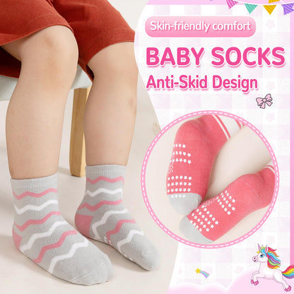 Toddler Non Slip Grips Socks Kids Anti Skid Baby Boys Girls Cotton Crew Socks 12 Pairs