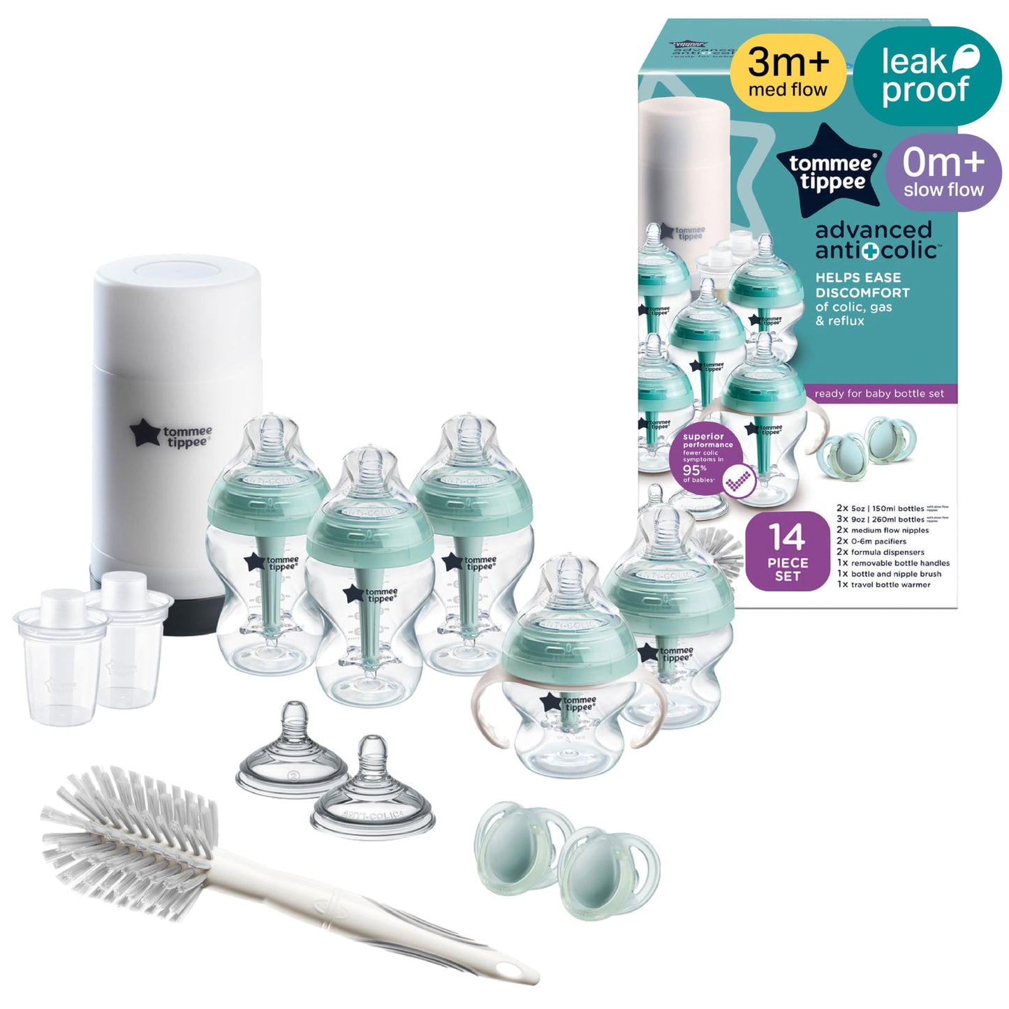 Tommee Tippee Advanced Anti-Colic 12 Piece Set, 5 oz and 9 oz BPA Free Bottles, Newborn 0+ Months, Includes Slow & Medium-Flow Breast-Like Nipples and Bottle Handles and Cleaning Brush