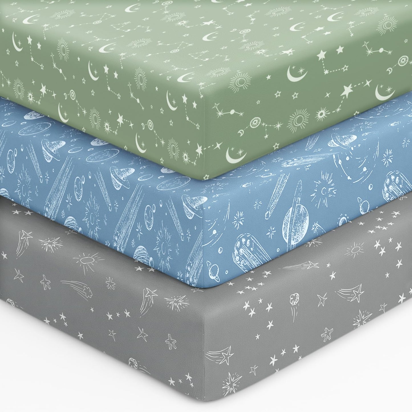 Unnivoll Baby Crib Sheets for Boys Girls, 28x52x8in Fitted Crib Sheet Neutral 3 Pack for Standard Crib and Toddler Mattress, Breathable Soft Microfiber Baby Sheet Blue Gray Planet