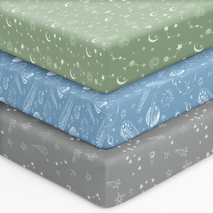 Unnivoll Baby Crib Sheets for Boys Girls, 28x52x8in Fitted Crib Sheet Neutral 3 Pack for Standard Crib and Toddler Mattress, Breathable Soft Microfiber Baby Sheet Blue Gray Planet