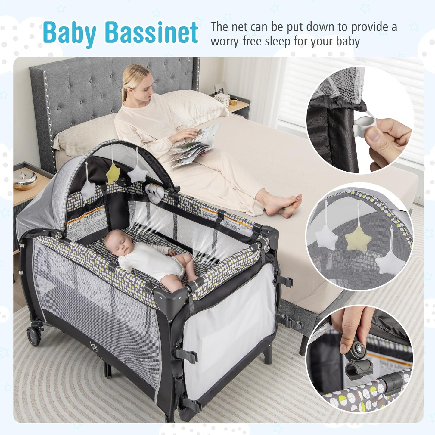 BABY JOY 4 in 1 Pack and Play with Canopy, Portable Baby Playard with Bassinet, Double-Layer Baby Crib, Wheels & Brake, Foldable Baby Girl Pink Princess Bassinet from Newborn to Toddler