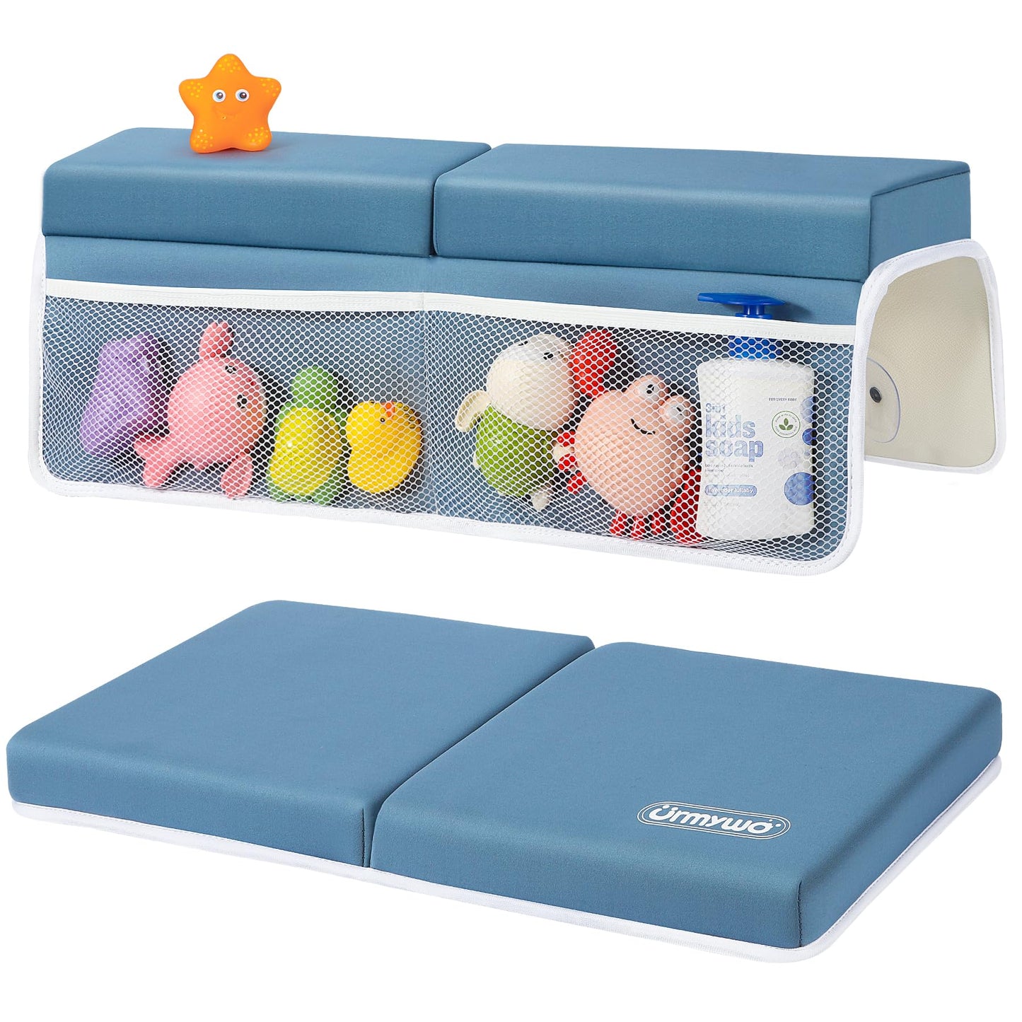 URMYWO Bath Kneeler and Elbow Rest Pad Set - 1.5" Thick Baby Bath Kneeler Pads with Toys Organizer, Anti-Slip Cozy Knee & Arm Support Bathtub Mat, Quick Dry Kneeling Pad for Baby Bath Time