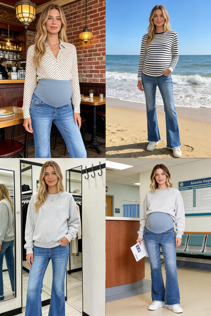 BLENCOT Maternity Jeans for Women Over Belly Pregnancy Pants Comfy Pregnant Jeans Flare Denim Jeans with Pockets