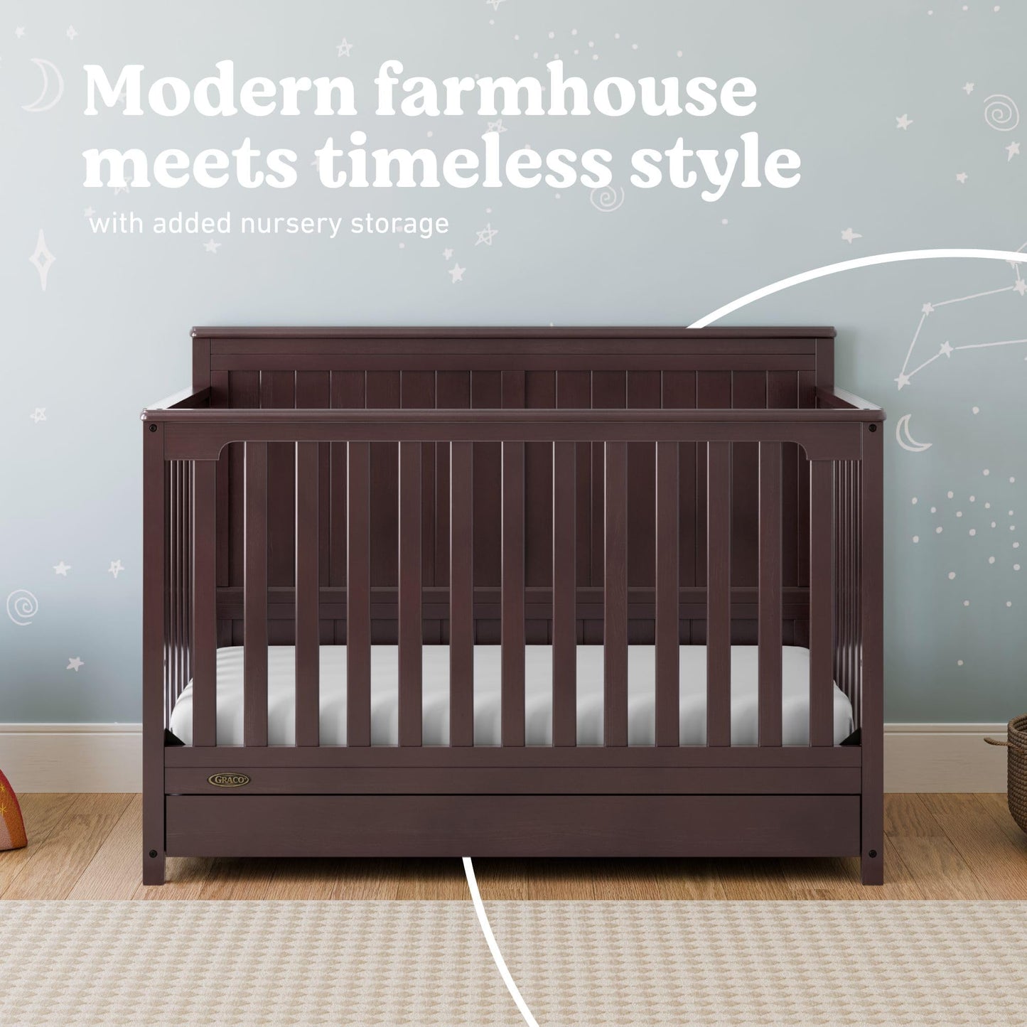 Graco Hadley 5-in-1 Convertible Crib & Changer – GREENGUARD Gold Certified, Fits Standard Crib Mattress, Converts to Toddler Bed and Full Bed, 4 Adjustable Mattress Heights (Pebble Gray)