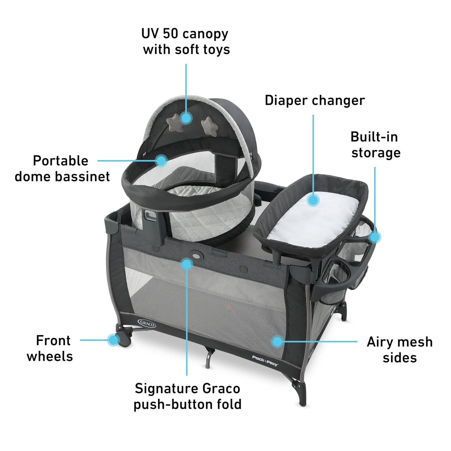 Graco® Pack n Play Dome LX Playard with Baby Bassinet Lightweight Portable Crib Push-Button Fold Travel Crib Redmond Convertible