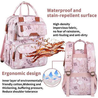 Diaper Bag Backpack, Baby Girl Diaper Bag for Mom, Large Pink Floral Diaper Bag Backpack for Girls, Waterproof Mom Backpack for Work Travel Holiday with Insulated Pockets and Stroller Straps