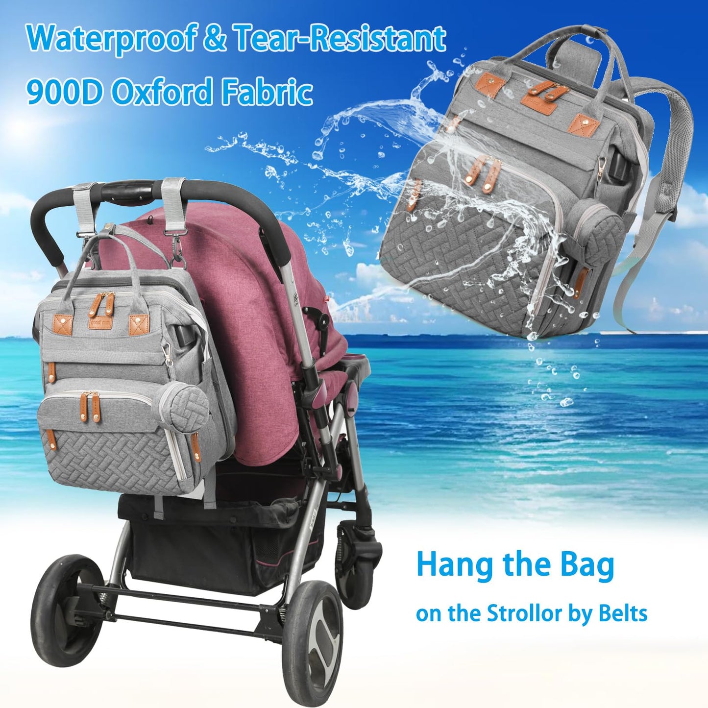 Jeryswet Baby Diaper Bags with Changing Station, Waterproof Large Capacity Diaper Bag Backpack for Moms Dads with USB Charging Port and Stroller Straps, Baby Shower Gifts, Grey