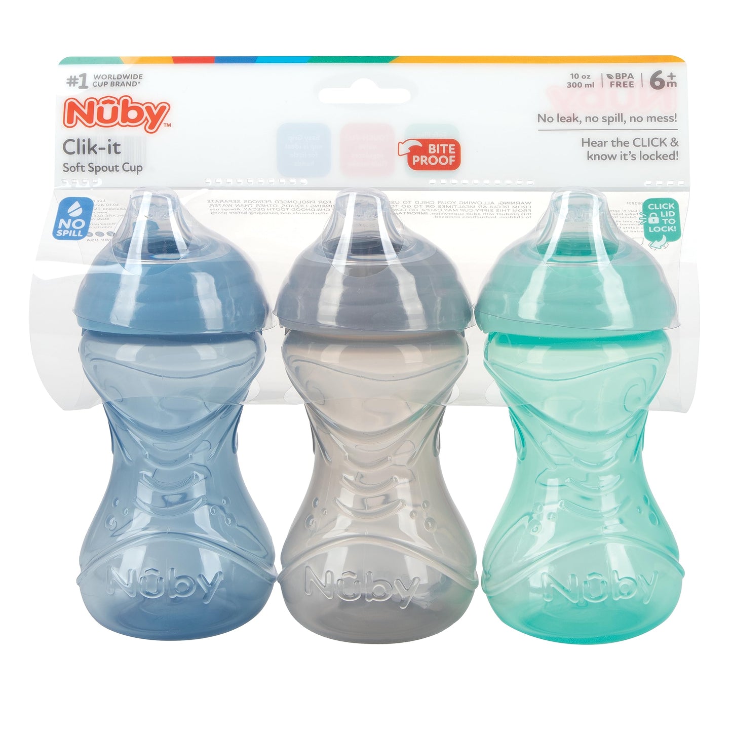 Nuby Clik-It Soft Spout No-Spill Easy Grip Sippy Cup - (3-Pack) 10 Oz - 6+ Months - Neutral