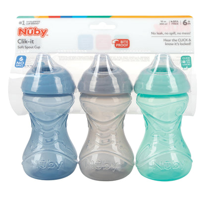 Nuby Clik-It Soft Spout No-Spill Easy Grip Sippy Cup - (3-Pack) 10 Oz - 6+ Months - Neutral