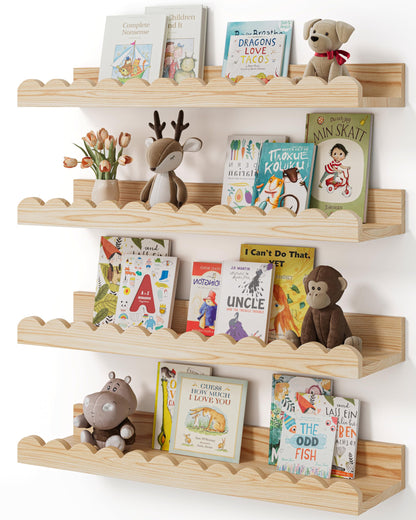 Shario Nursery Book Shelves, 4-Pack White Floating Shelves for Wall Kids, Scalloped Shelves, Wall Book Shelves for Bedroom Kids, Toddler Room, Baby Room, Nursery Decor
