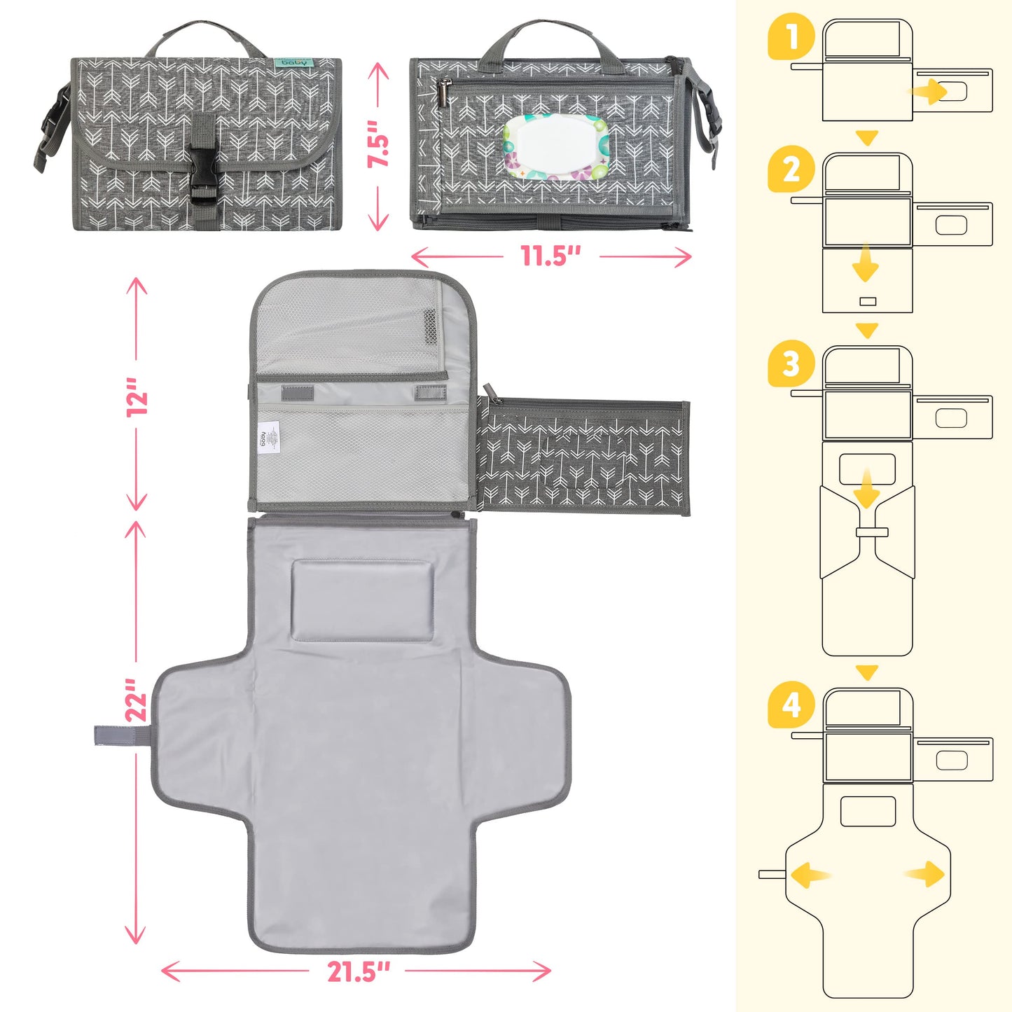 Kopi Baby Portable Diaper Changing Pad - Baby Diaper Changer Travel Bag with Wipes Pocket, Smart Design Portable Changing Mat, Infant Travel Station Kit, Gift for Newborn Girl & Boy - Grey, Classic