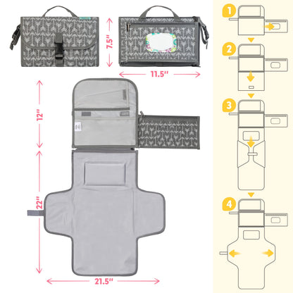 Kopi Baby Portable Diaper Changing Pad - Baby Diaper Changer Travel Bag with Wipes Pocket, Smart Design Portable Changing Mat, Infant Travel Station Kit, Gift for Newborn Girl & Boy - Grey, Classic