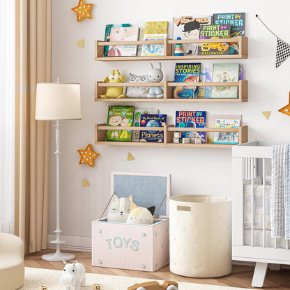 Fixwal Nursery Book Shelves, 16.5 Inch Floating Bookshelves for Wall Set of 3, Baby Nursery Decor, Solid Wood Wall Mounted Shelves for Books, Toys and Decor Storage (Brown)
