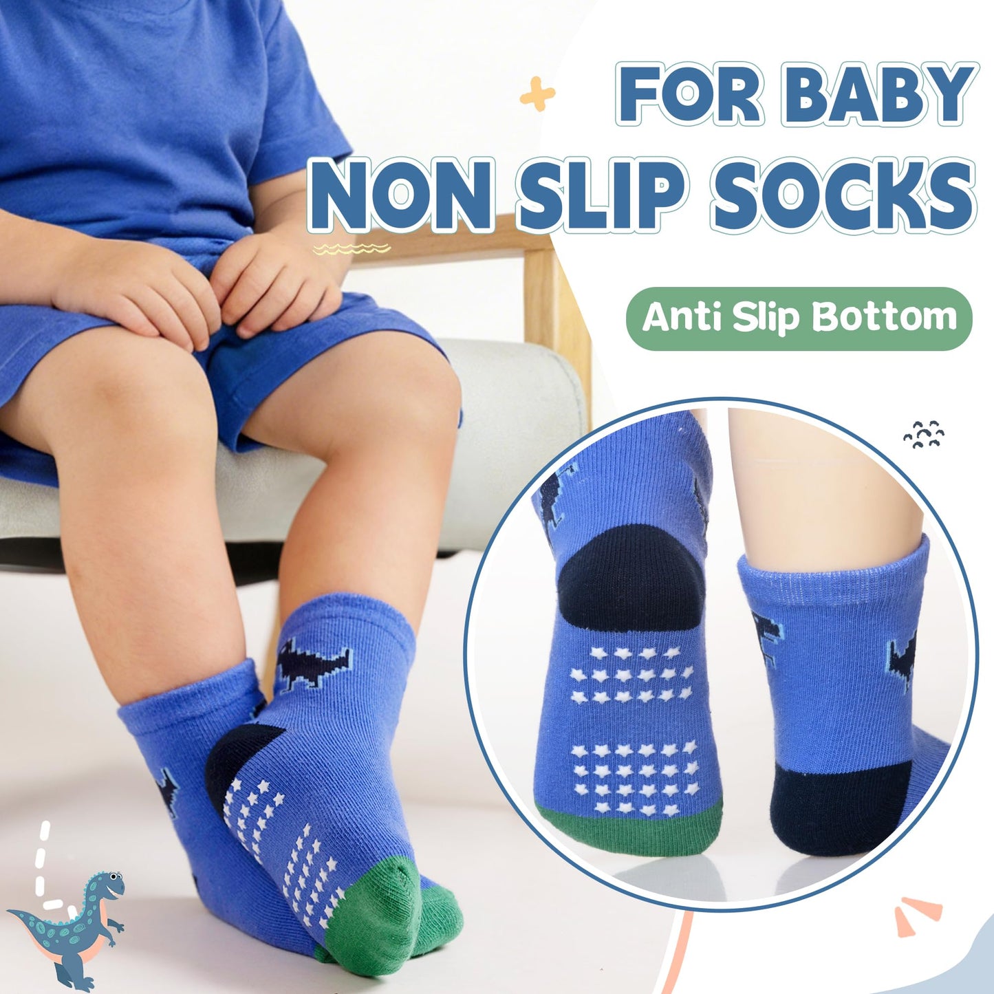 Toddler Non Slip Grips Socks Kids Anti Skid Baby Boys Girls Cotton Crew Socks 12 Pairs
