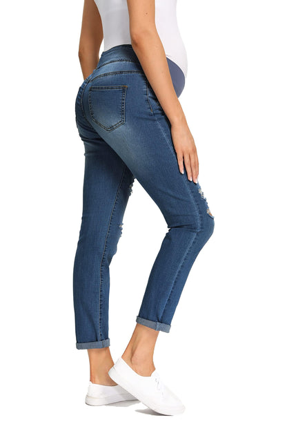 Foucome Women's Maternity Jeans Stretch Ripped Boyfriend Jeans Pregnancy Denim Pants with Pockets