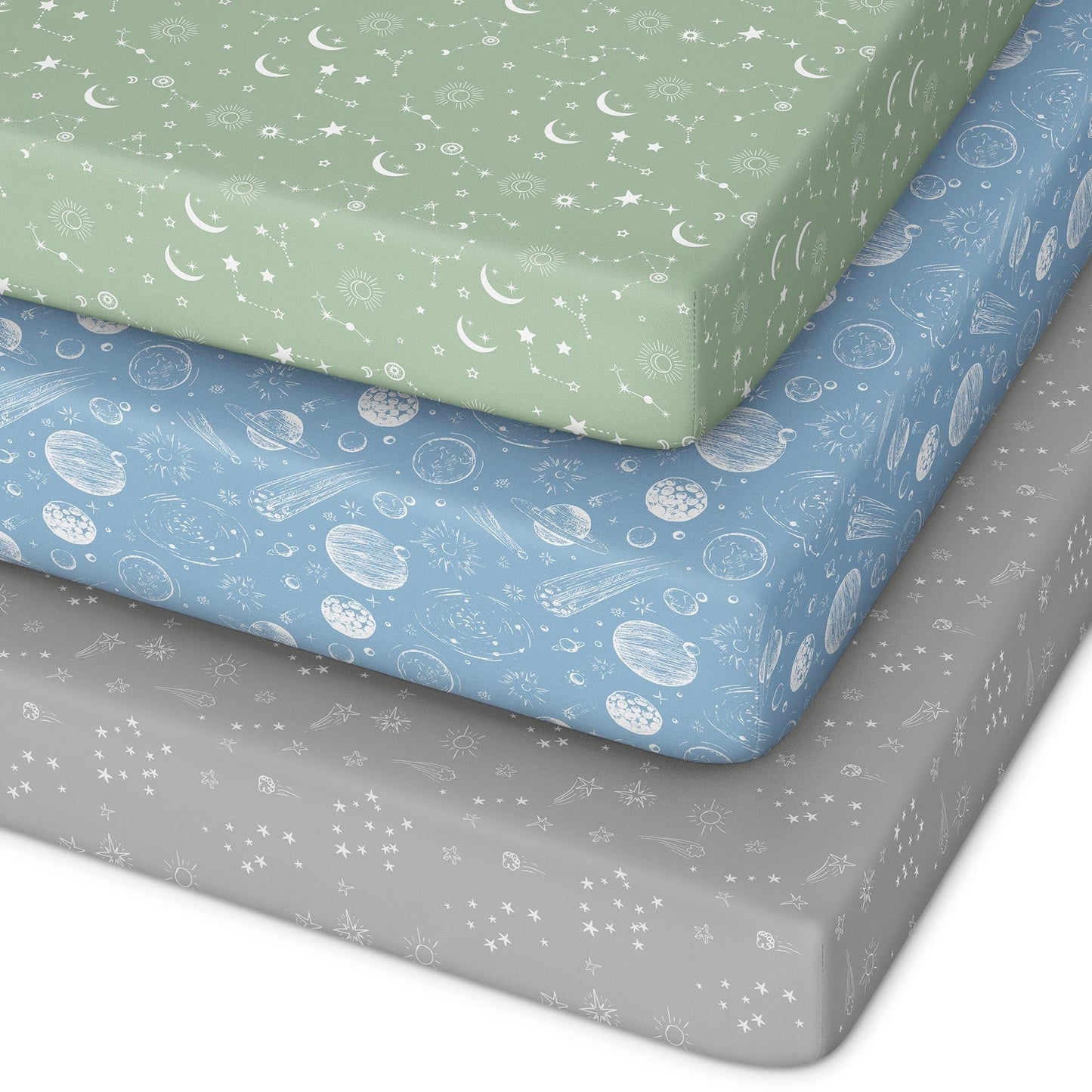 Unnivoll Baby Crib Sheets for Boys Girls, 28x52x8in Fitted Crib Sheet Neutral 3 Pack for Standard Crib and Toddler Mattress, Breathable Soft Microfiber Baby Sheet Blue Gray Planet