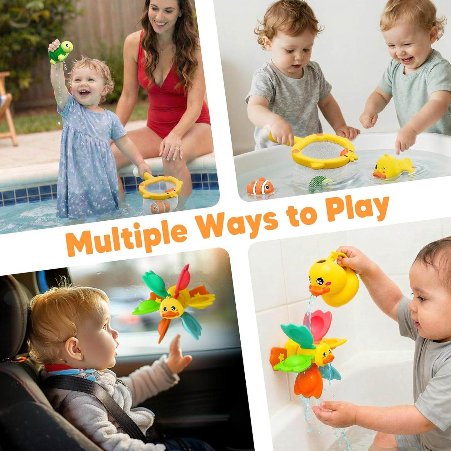 iPlay, iLearn Baby Duck Bath Toy, Toddler Bathtub Shower Toy W/ Suction Spin Gear, Floating Animals, Fishing Net Pool Water Play, Birthday Easter Gift 6 12 18 Month Infant 1 2 3 Year Old Kid Boy Girl