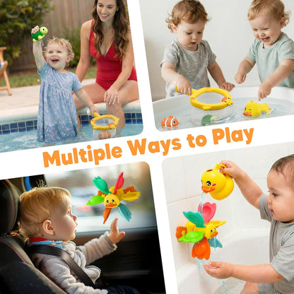 iPlay, iLearn Baby Duck Bath Toy, Toddler Bathtub Shower Toy W/ Suction Spin Gear, Floating Animals, Fishing Net Pool Water Play, Birthday Easter Gift 6 12 18 Month Infant 1 2 3 Year Old Kid Boy Girl