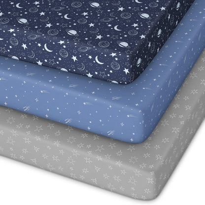 Unnivoll Baby Crib Sheets for Boys Girls, 28x52x8in Fitted Crib Sheet Neutral 3 Pack for Standard Crib and Toddler Mattress, Breathable Soft Microfiber Baby Sheet Blue Gray Planet