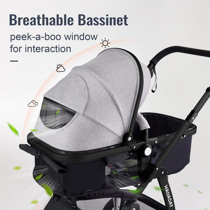 Hagaday Baby Stroller, 2-in-1 Reversible Toddler Seat with Bassinet Mode, Foldable Infant Stroller with Canopy, One Button Brake, Adjustable Handle, Newborn Pushchair(Blue)