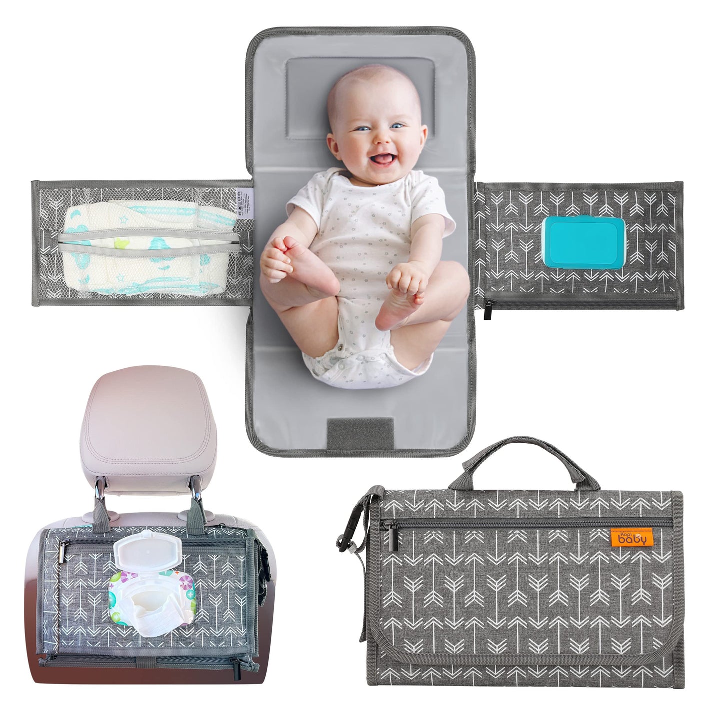 Kopi Baby Portable Diaper Changing Pad - Baby Diaper Changer Travel Bag with Wipes Pocket, Smart Design Portable Changing Mat, Infant Travel Station Kit, Gift for Newborn Girl & Boy - Grey, Classic