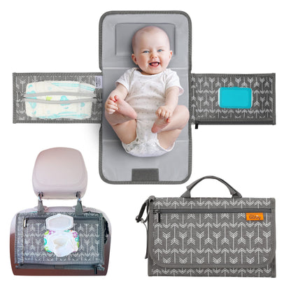 Kopi Baby Portable Diaper Changing Pad - Baby Diaper Changer Travel Bag with Wipes Pocket, Smart Design Portable Changing Mat, Infant Travel Station Kit, Gift for Newborn Girl & Boy - Grey, Classic