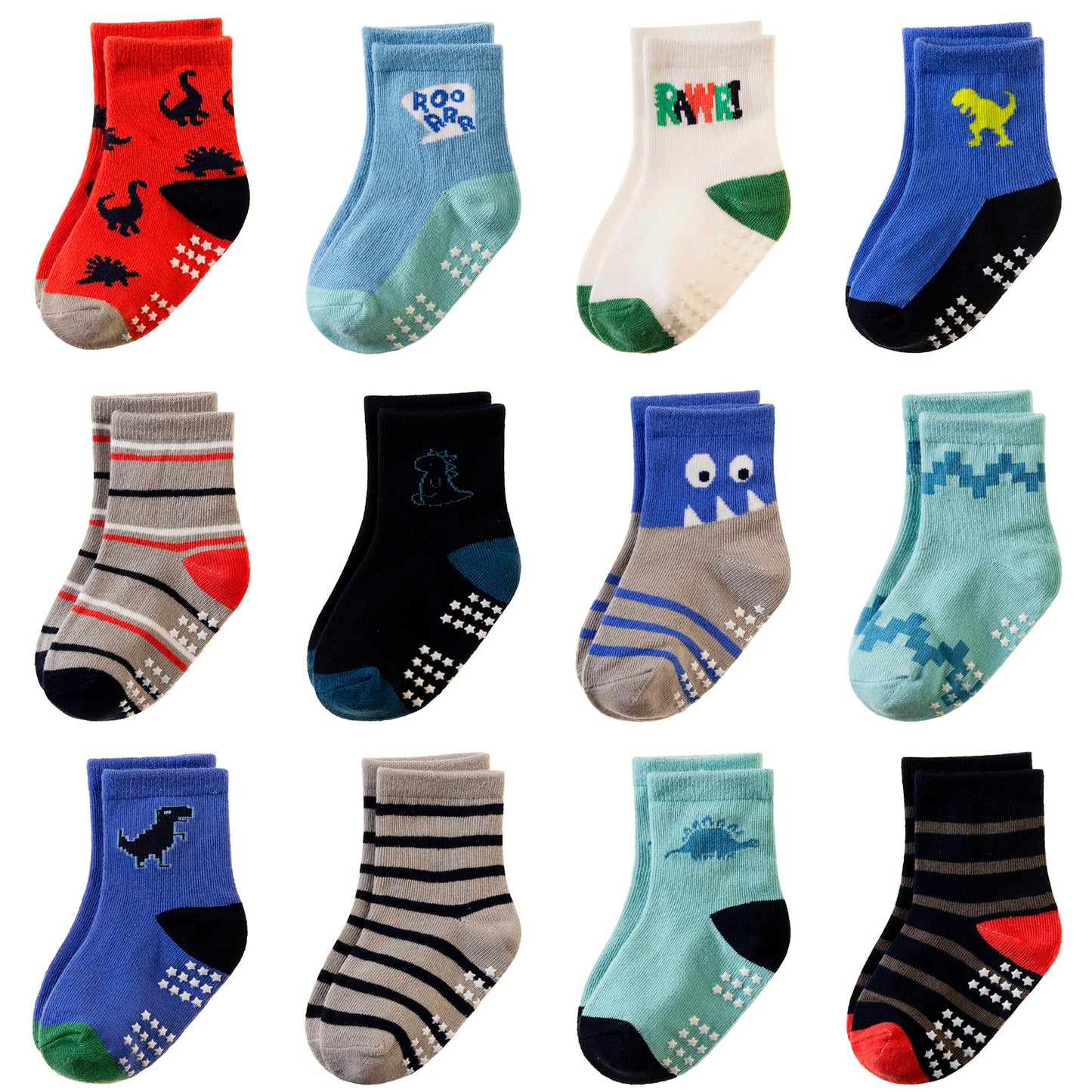 Toddler Non Slip Grips Socks Kids Anti Skid Baby Boys Girls Cotton Crew Socks 12 Pairs