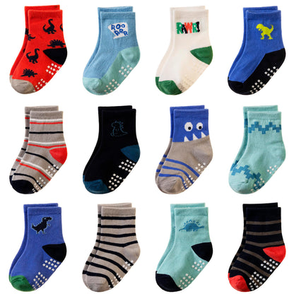 Toddler Non Slip Grips Socks Kids Anti Skid Baby Boys Girls Cotton Crew Socks 12 Pairs