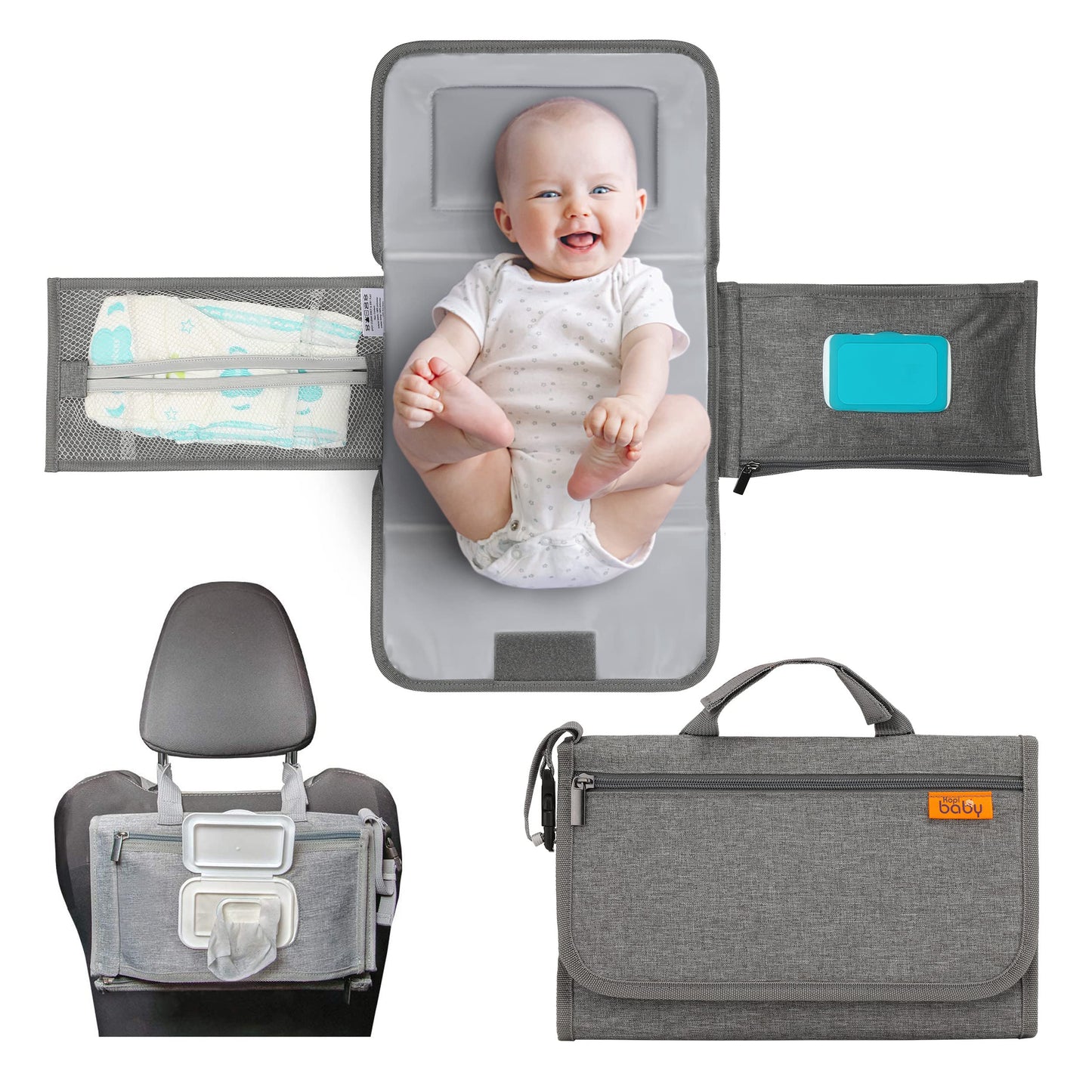 Kopi Baby Portable Diaper Changing Pad - Baby Diaper Changer Travel Bag with Wipes Pocket, Smart Design Portable Changing Mat, Infant Travel Station Kit, Gift for Newborn Girl & Boy - Grey, Classic