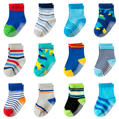 Toddler Non Slip Grips Socks Kids Anti Skid Baby Boys Girls Cotton Crew Socks 12 Pairs