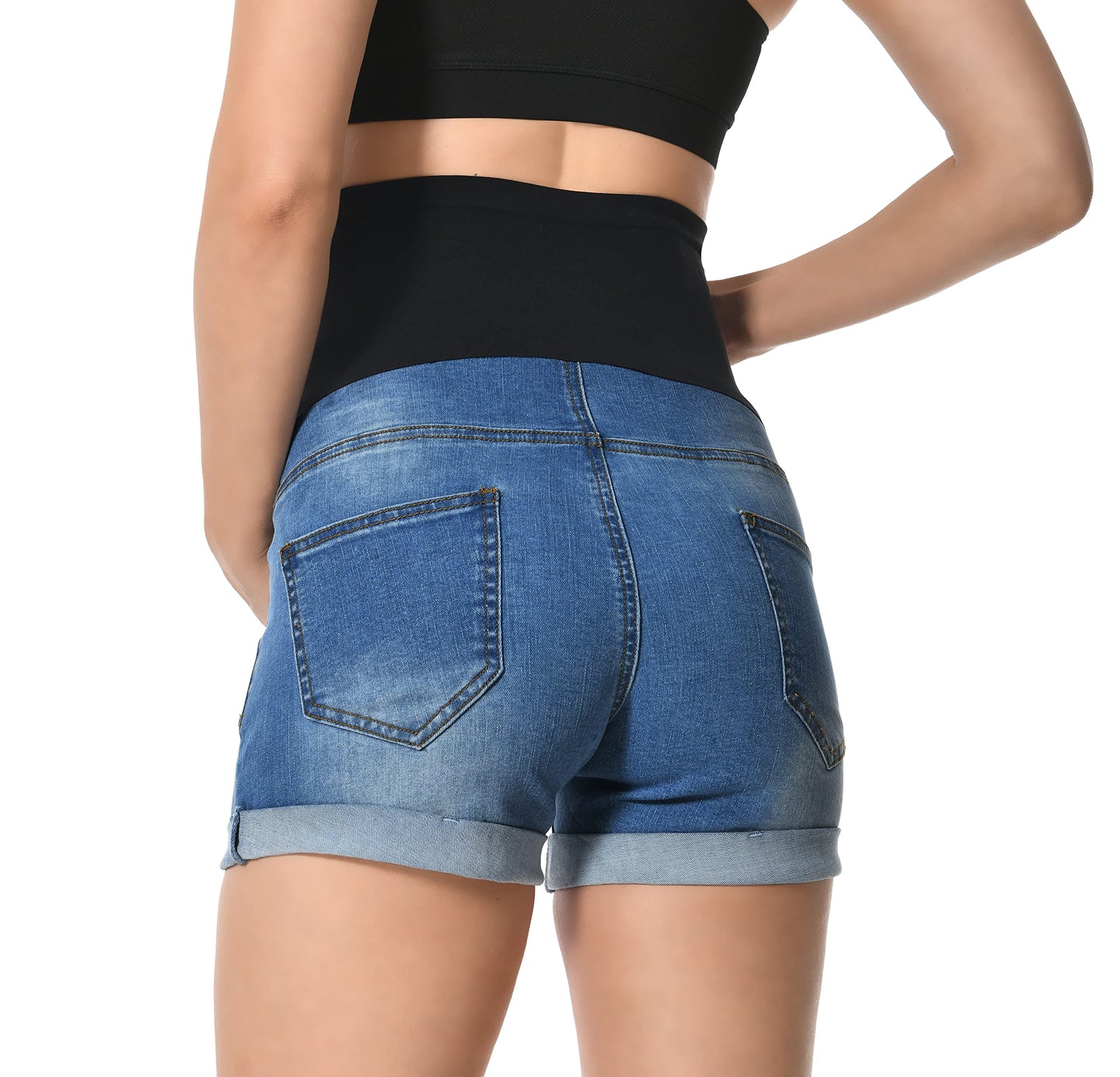 V VOCNI Maternity Denim Shorts Women's Summer High Waist Distressed Cuffed Hem Casual Denim Jean Shorts