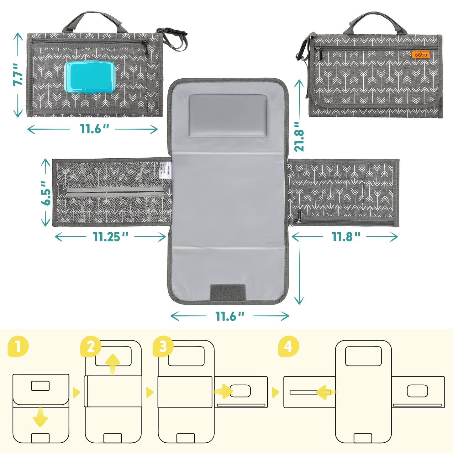 Kopi Baby Portable Diaper Changing Pad - Baby Diaper Changer Travel Bag with Wipes Pocket, Smart Design Portable Changing Mat, Infant Travel Station Kit, Gift for Newborn Girl & Boy - Grey, Classic