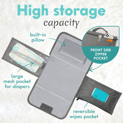 Kopi Baby Portable Diaper Changing Pad - Baby Diaper Changer Travel Bag with Wipes Pocket, Smart Design Portable Changing Mat, Infant Travel Station Kit, Gift for Newborn Girl & Boy - Grey, Classic
