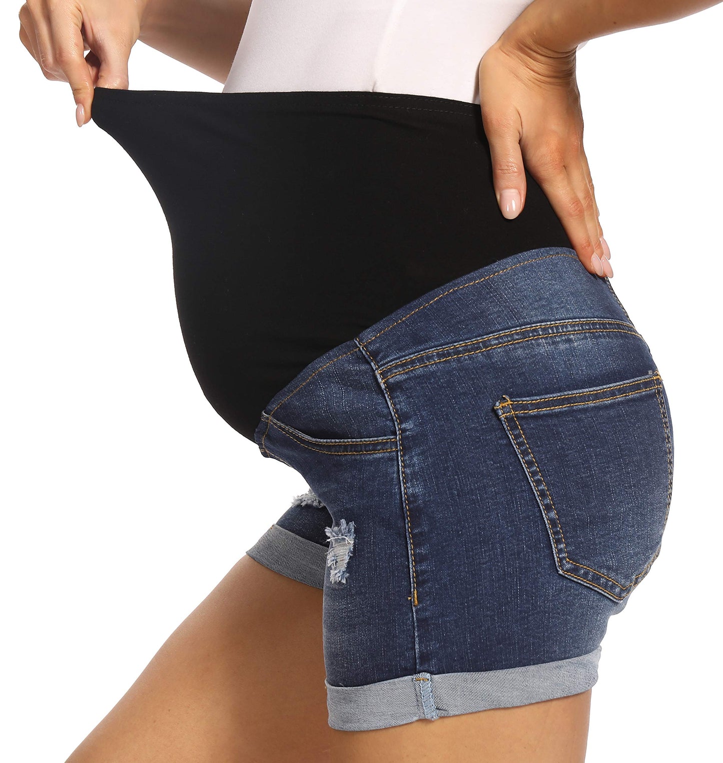 V VOCNI Maternity Denim Shorts Women's Summer High Waist Distressed Cuffed Hem Casual Denim Jean Shorts