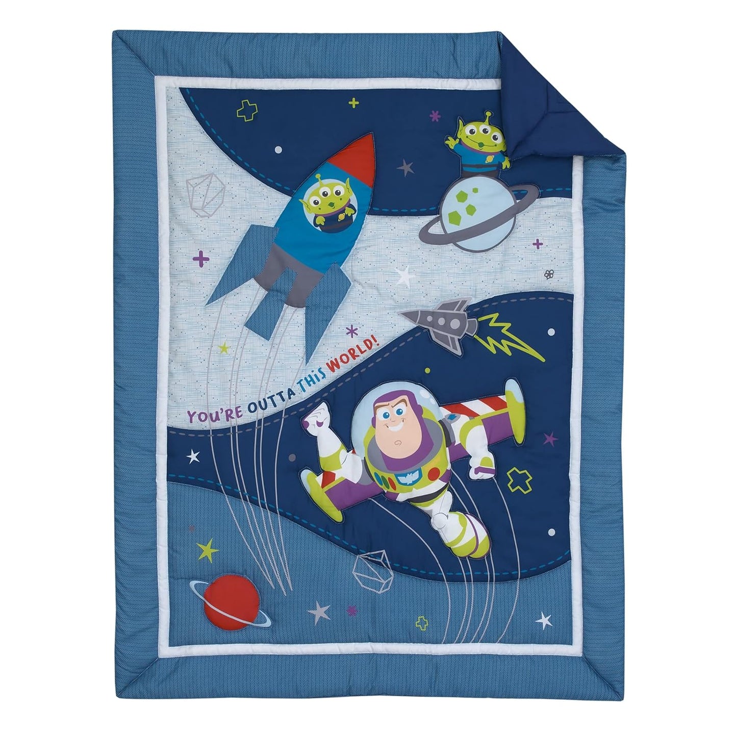 Disney Toy Story Outta This World Blue and Gray 3 Piece Nursery Crib Bedding Set - Comforter, Fitted Crib Sheet, and Crib Skirt