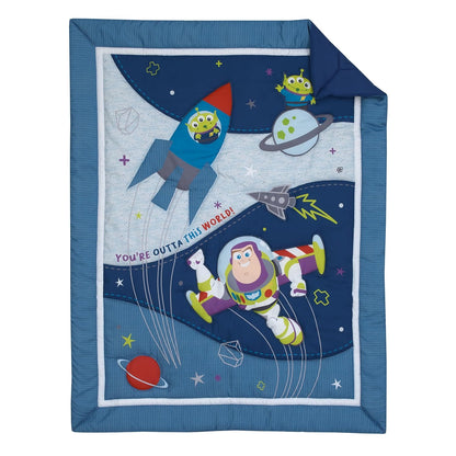 Disney Toy Story Outta This World Blue and Gray 3 Piece Nursery Crib Bedding Set - Comforter, Fitted Crib Sheet, and Crib Skirt