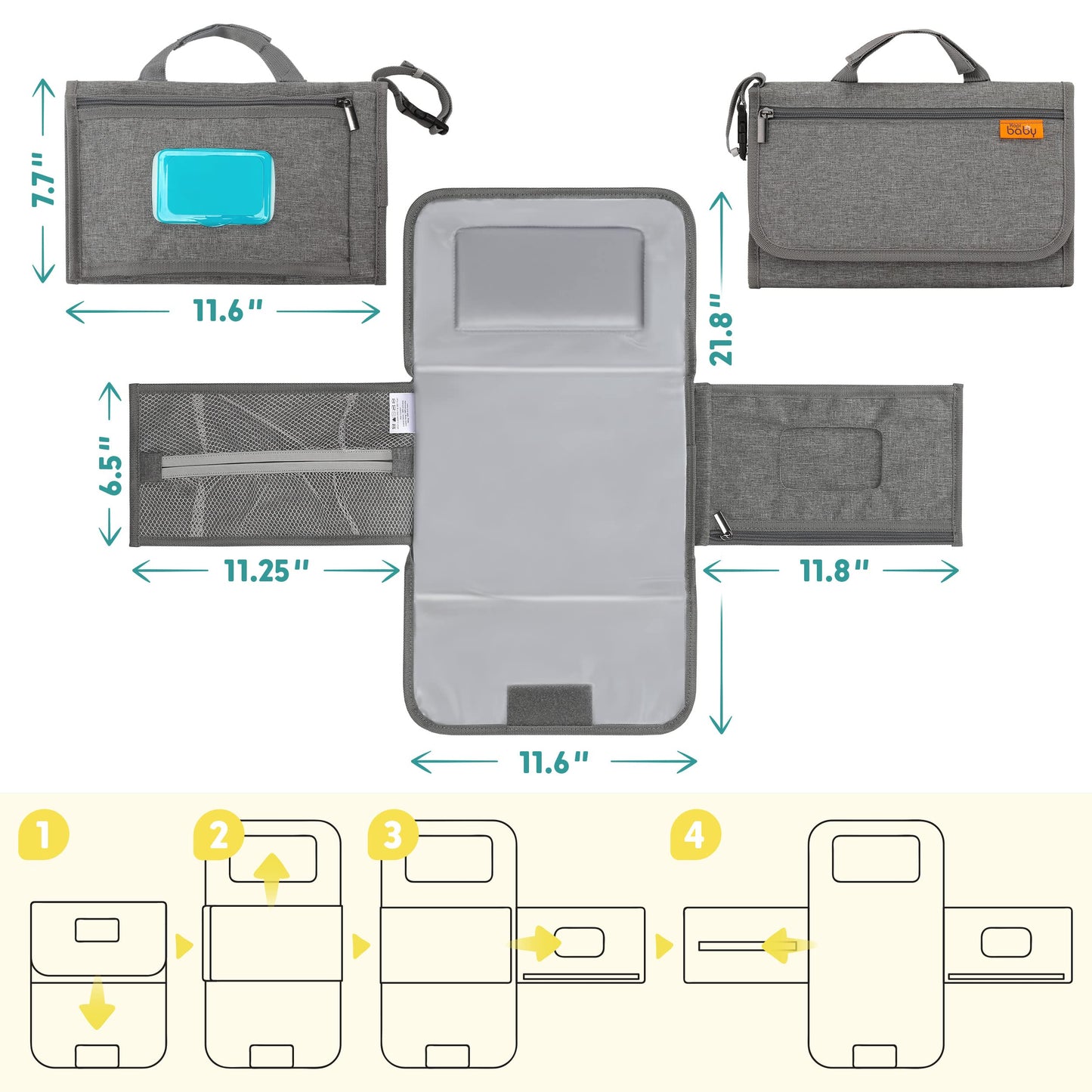 Kopi Baby Portable Diaper Changing Pad - Baby Diaper Changer Travel Bag with Wipes Pocket, Smart Design Portable Changing Mat, Infant Travel Station Kit, Gift for Newborn Girl & Boy - Grey, Classic